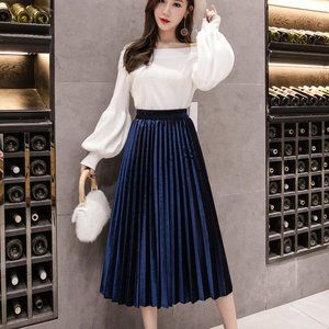 High Waist Formal Long Maxi Pleated Skirt